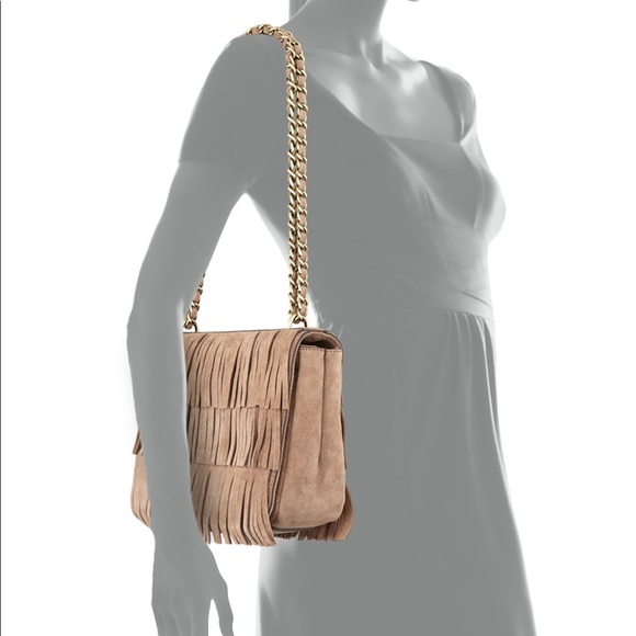 Tory Burch Taupe Suede Fringe Bag Brushed Gold Hardware - Picture 2 of 10